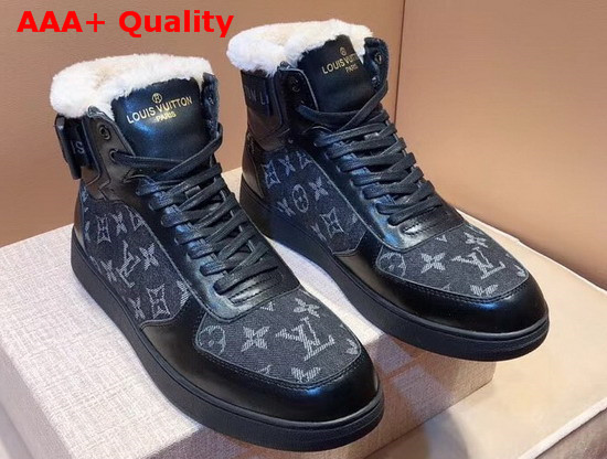 Louis Vuitton Rivoli Sneaker Boot in Black Calf Leather and Monogram Denim with Sheepskin Inside Replica