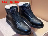 Louis Vuitton Rivoli Sneaker Boot in Black Calf Leather and Monogram Eclipse Canvas with Sheepskin Inside Replica