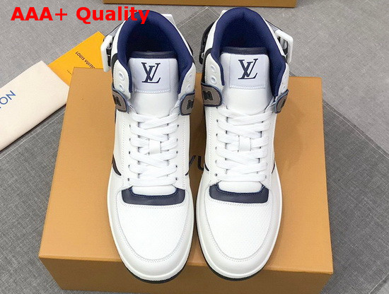 Louis Vuitton Rivoli Sneaker Boot in Supple White Calf Leather with Contrasting Blue and Gray Trim Replica