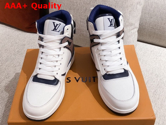 Louis Vuitton Rivoli Sneaker Boot in Supple White Calf Leather with Contrasting Blue and Gray Trim for Women Replica