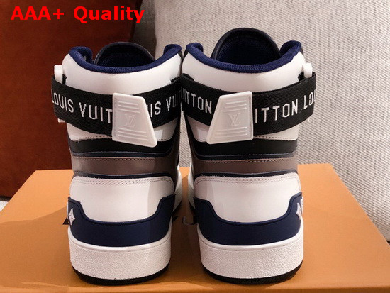 Louis Vuitton Rivoli Sneaker Boot in Supple White Calf Leather with Contrasting Blue and Gray Trim for Women Replica