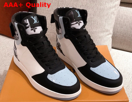 Louis Vuitton Rivoli Sneaker Boot in Supple White Calf Leather with Contrasting Light Blue and Black Trim for Women Replica