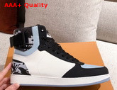 Louis Vuitton Rivoli Sneaker Boot in Supple White Calf Leather with Contrasting Light Blue and Black Trim for Women Replica