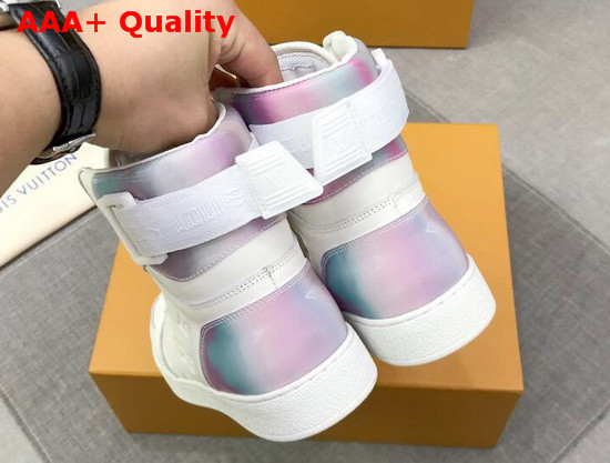Louis Vuitton Rivoli Sneaker Boot in White Monogram Embossed Grained Calf Leather and Iridescent Textile on the Back and Sides 1A7S6D Replica