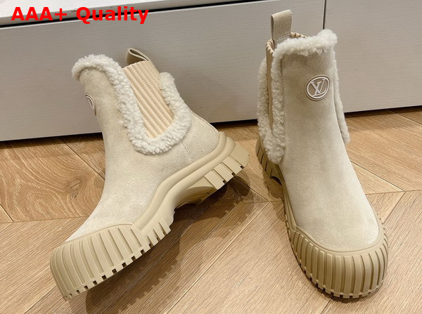 Louis Vuitton Ruby Flat Ankle Boot in Beige Suede Calf Leather and Shearling 1AGWG3 Replica