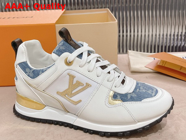 Louis Vuitton Run Away Sneaker in White Calf Leather and Blue Monogram Denim with Gold Tone Details Replica