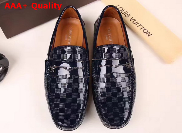 Louis Vuitton Shade Loafer Shoes in Shiny Navy Blue Damier Embossed Calf Leather Replica