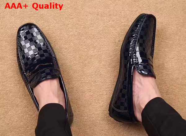 Louis Vuitton Shade Loafer Shoes in Shiny Navy Blue Damier Embossed Calf Leather Replica