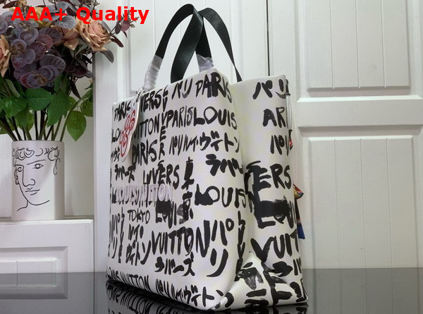 Louis Vuitton Shopper Tote MM White and Black Cowhide Leather Pharrell Williams Collaboration with Japanese Designer Nigo N40797 Replica