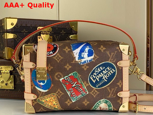 Louis Vuitton Side Trunk MM Handbag in Monogram Coated Canvas Decorated with Hotel Labels M47085 Replica