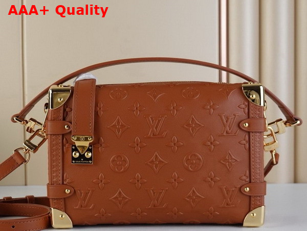 Louis Vuitton Side Trunk MM Handbag in Tan Monogram Embossed Calf Leather Replica