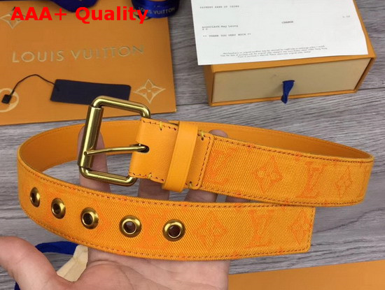 Louis Vuitton Signature 35mm Belt Ochre Yellow Monogram Printed Washed Denim Replica