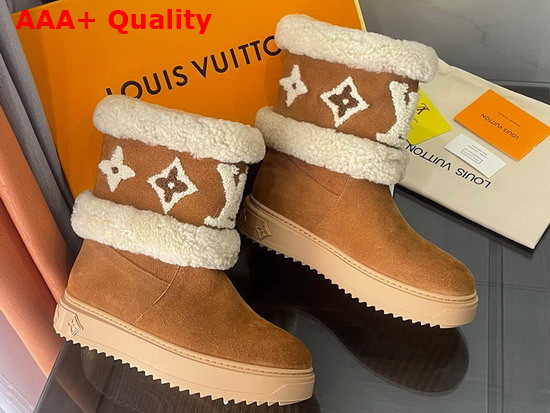 Louis Vuitton Snowdrop Flat Ankle Boot Cognac Brown Suede Calf Leather and Shearling 1A95DT Replica