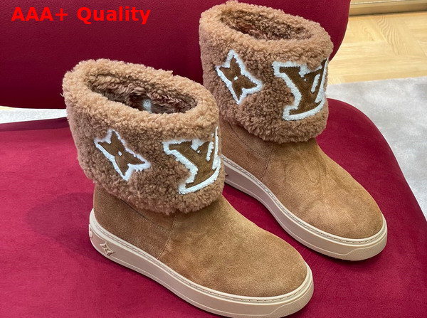 Louis Vuitton Snowdrop Flat Ankle Boot in Cognac Brown Suede Calf Leather and Shearling 1AACII Replica