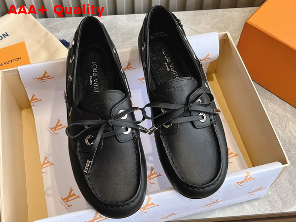 Louis Vuitton Soho Flat Boat Shoe Noir Plain Calf Leather 1AGWBD Replica