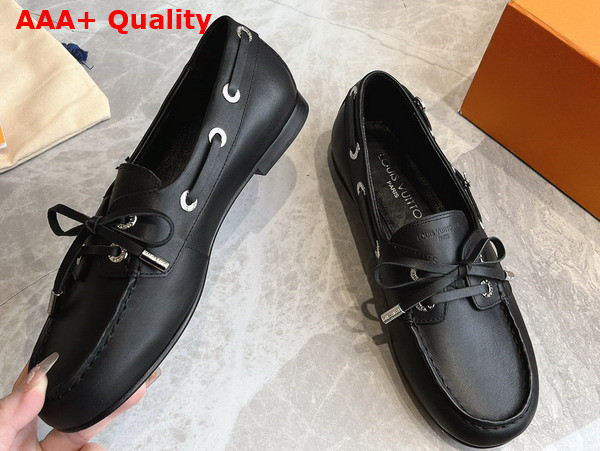 Louis Vuitton Soho Flat Boat Shoe Noir Plain Calf Leather 1AGWBD Replica