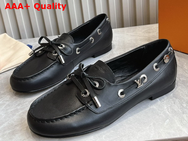 Louis Vuitton Soho Flat Boat Shoe Noir Plain Calf Leather 1AGWBD Replica