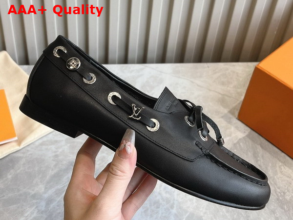 Louis Vuitton Soho Flat Boat Shoe Noir Plain Calf Leather 1AGWBD Replica