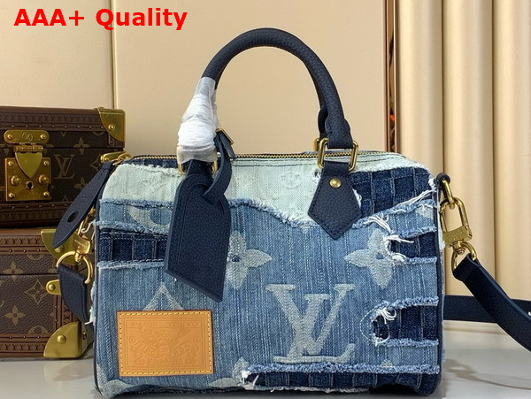 Louis Vuitton Speedy 25 Bandouliere City Bag in Blue Denim with a Patchwork Feel M15276 Replica
