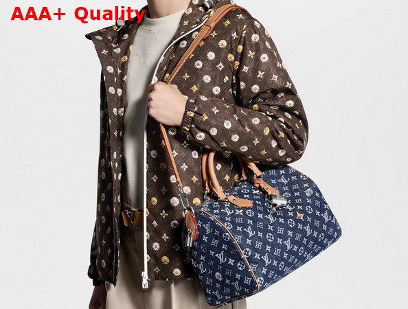 Louis Vuitton Speedy 30 Bandouliere in Blue Monogram Flowers Denim M27556 Replica