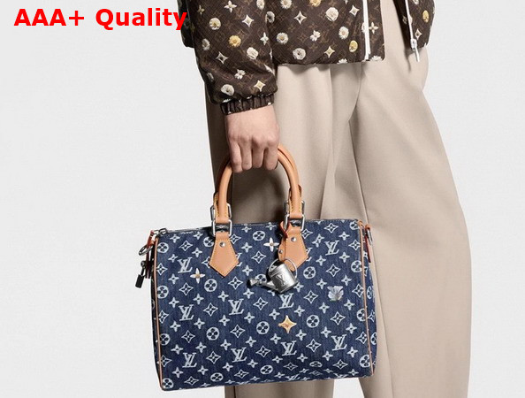 Louis Vuitton Speedy 30 Bandouliere in Blue Monogram Flowers Denim M27556 Replica