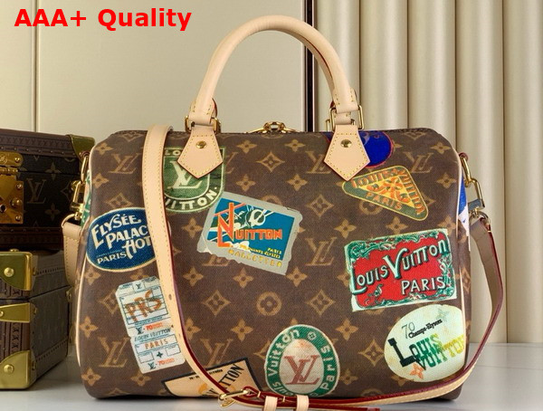 Louis Vuitton Speedy Bandouliere 30 Handbag in Monogram Coated Canvas Embellished with a Patchwork of Hotel Labels M47087 Replica