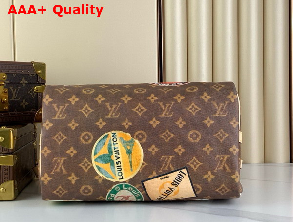 Louis Vuitton Speedy Bandouliere 30 Handbag in Monogram Coated Canvas Embellished with a Patchwork of Hotel Labels M47087 Replica