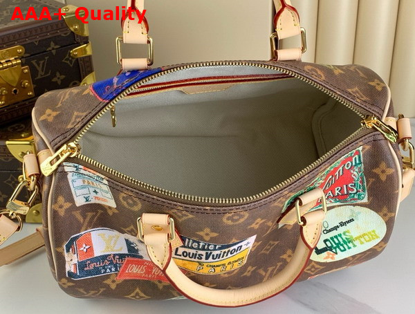 Louis Vuitton Speedy Bandouliere 30 Handbag in Monogram Coated Canvas Embellished with a Patchwork of Hotel Labels M47087 Replica