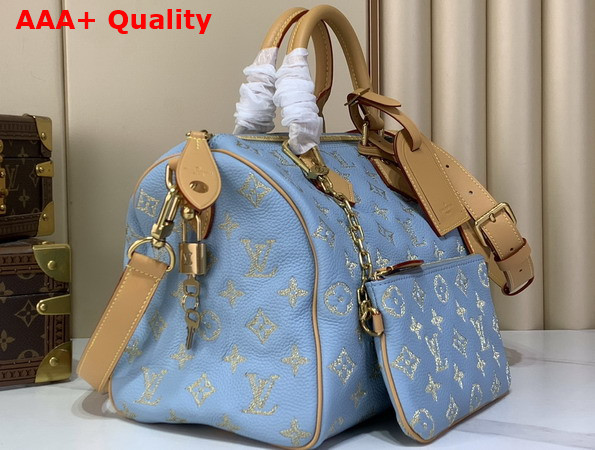 Louis Vuitton Speedy P9 Bandouliere 40 Golden Silk Blue Calfskin Leather Exquisite Embroidered Monogram Flowers M28079 Replica