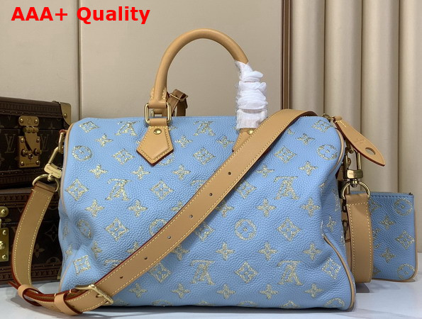 Louis Vuitton Speedy P9 Bandouliere 40 Golden Silk Blue Calfskin Leather Exquisite Embroidered Monogram Flowers M28079 Replica