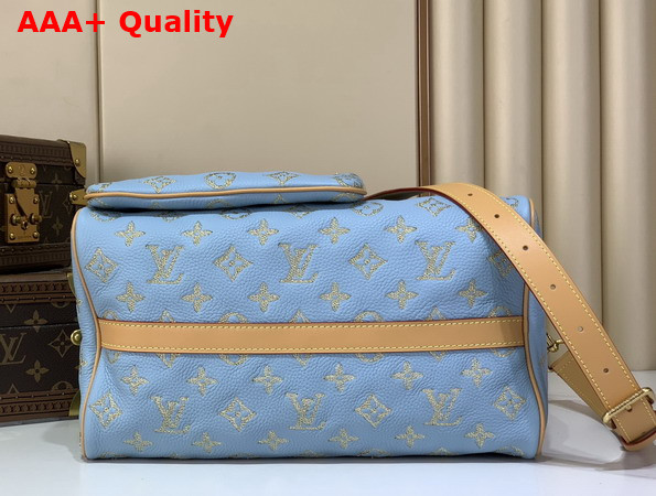 Louis Vuitton Speedy P9 Bandouliere 40 Golden Silk Blue Calfskin Leather Exquisite Embroidered Monogram Flowers M28079 Replica