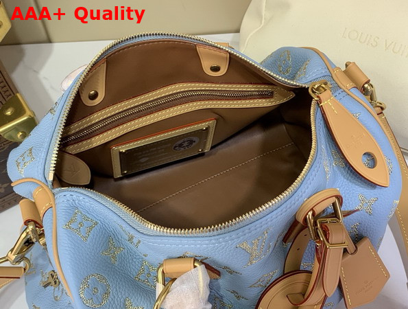 Louis Vuitton Speedy P9 Bandouliere 40 Golden Silk Blue Calfskin Leather Exquisite Embroidered Monogram Flowers M28079 Replica