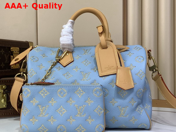 Louis Vuitton Speedy P9 Bandouliere 40 Golden Silk Blue Calfskin Leather Exquisite Embroidered Monogram Flowers M28079 Replica
