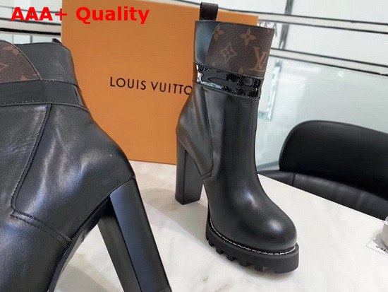 Louis Vuitton Star Trail Ankle Boot in Black Calf Leather with Patent Monogram Canvas Trim 1A86MC Replica