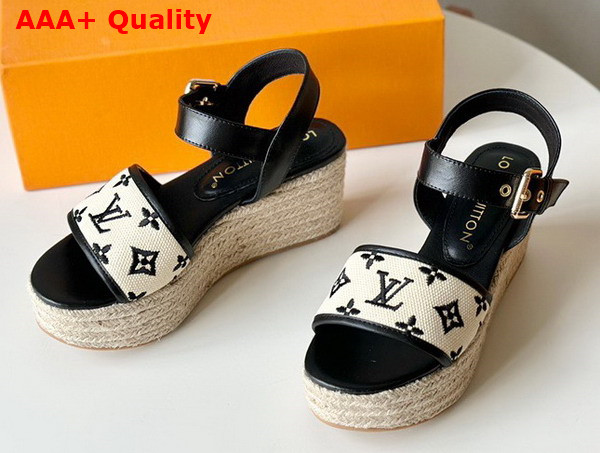 Louis Vuitton Starboard Wedge Sandal in Black Monogram Embroidered Cotton 1ABT17 Replica