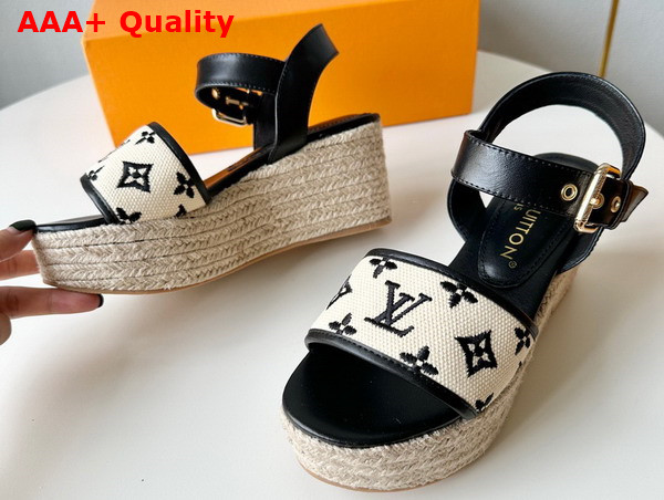 Louis Vuitton Starboard Wedge Sandal in Black Monogram Embroidered Cotton 1ABT17 Replica