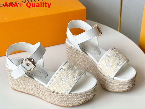 Louis Vuitton Starboard Wedge Sandal in White Monogram Embroidered Cotton 1ABPFR Replica
