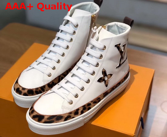 Louis Vuitton Stellar Sneaker Boot in White Calfskin Decorated with Giant LV and Monogram Flower Patches in Leopard Print 1A5NP8 Replica