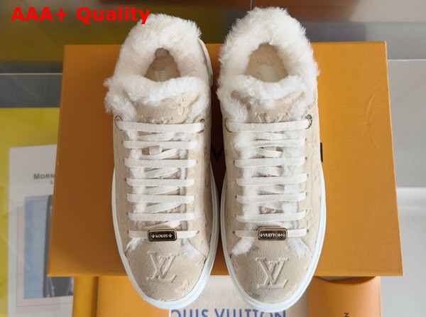 Louis Vuitton Time Out Sneaker in Beige Monogram Embossed Suede Calf Leather with Shearling Lining Replica
