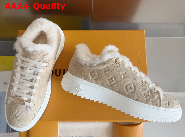 Louis Vuitton Time Out Sneaker in Beige Monogram Embossed Suede Calf Leather with Shearling Lining Replica