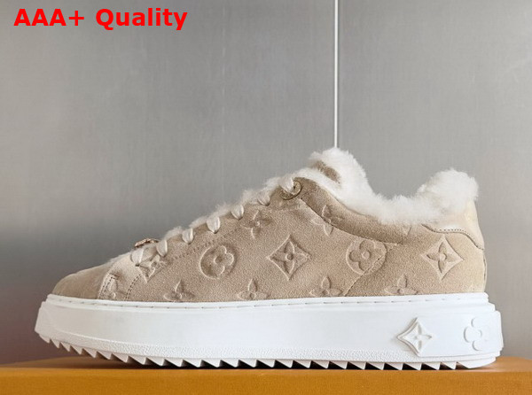 Louis Vuitton Time Out Sneaker in Beige Monogram Embossed Suede Calf Leather with Shearling Lining Replica