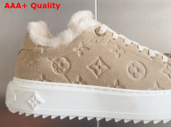 Louis Vuitton Time Out Sneaker in Beige Monogram Embossed Suede Calf Leather with Shearling Lining Replica