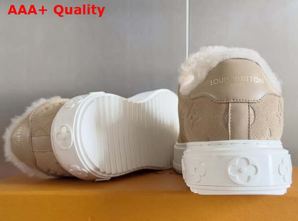 Louis Vuitton Time Out Sneaker in Beige Monogram Embossed Suede Calf Leather with Shearling Lining Replica