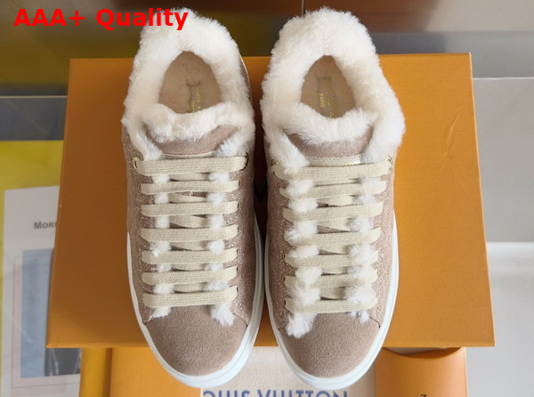 Louis Vuitton Time Out Sneaker in Beige Monogram Embroidered Suede Calf Leather with a Snug Shearling Lining 1AIDHG Replica