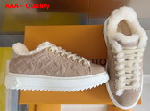 Louis Vuitton Time Out Sneaker in Beige Monogram Embroidered Suede Calf Leather with a Snug Shearling Lining 1AIDHG Replica
