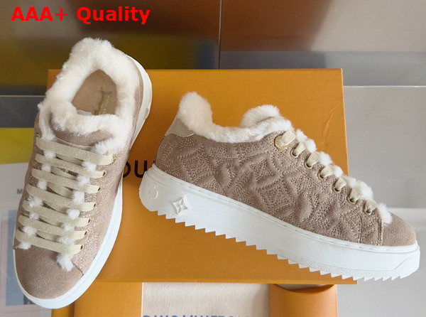 Louis Vuitton Time Out Sneaker in Beige Monogram Embroidered Suede Calf Leather with a Snug Shearling Lining 1AIDHG Replica