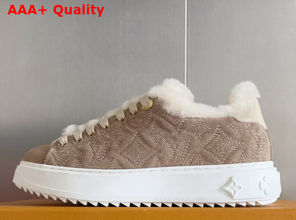 Louis Vuitton Time Out Sneaker in Beige Monogram Embroidered Suede Calf Leather with a Snug Shearling Lining 1AIDHG Replica