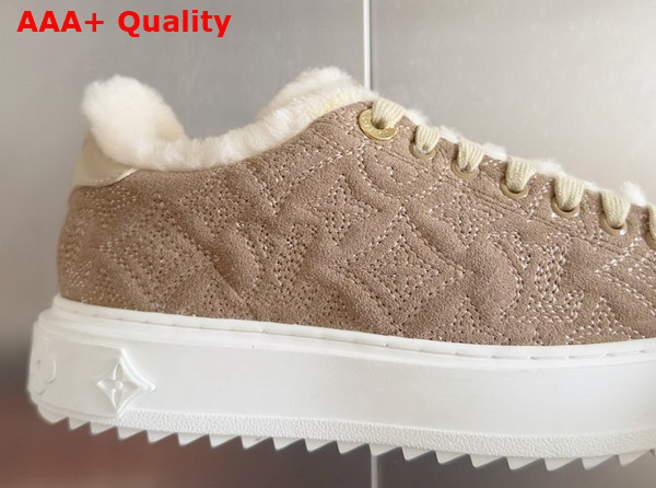 Louis Vuitton Time Out Sneaker in Beige Monogram Embroidered Suede Calf Leather with a Snug Shearling Lining 1AIDHG Replica