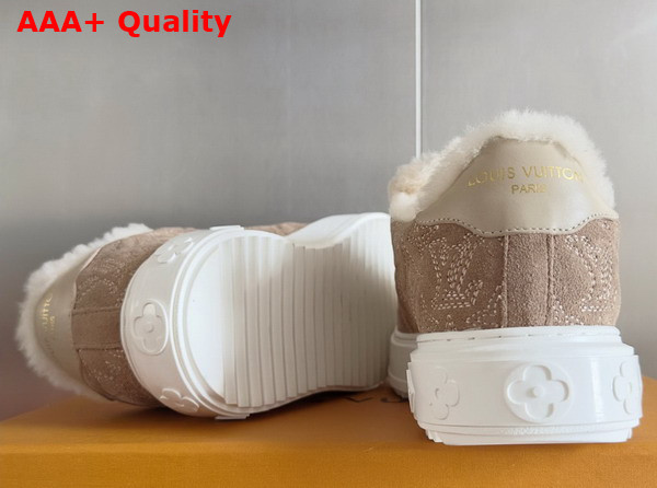 Louis Vuitton Time Out Sneaker in Beige Monogram Embroidered Suede Calf Leather with a Snug Shearling Lining 1AIDHG Replica