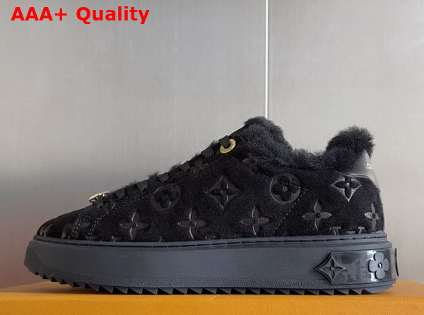 Louis Vuitton Time Out Sneaker in Black Monogram Embossed Suede Calf Leather with Shearling Lining Replica